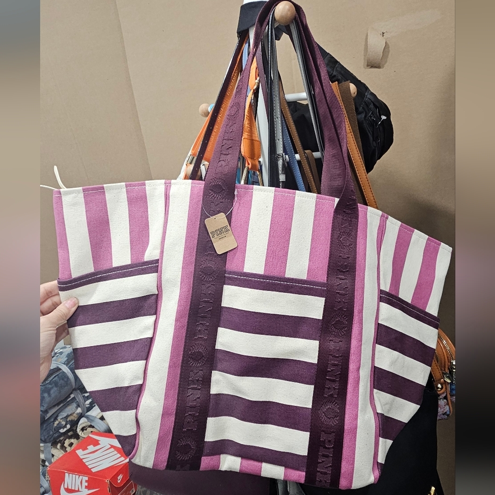 vs pink & Purple Striped tote nwt